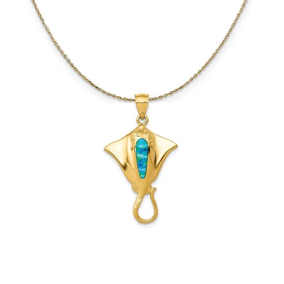 14k Yellow Gold & Synthetic Blue Opal Stingray (33mm) Necklace - 24 In